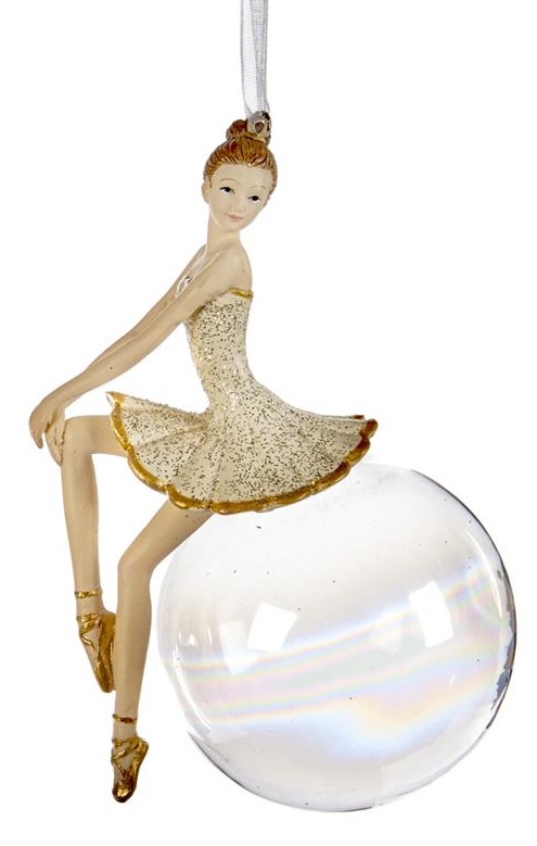 Bijdragen uit Aan het water Ballerina in een goud- en roomkleurige jurk zittend op een glazen bal 12 cm  (links kijkend)
